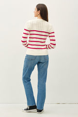 Cable Knit Striped Crew Neck Sweater Ivory + Red