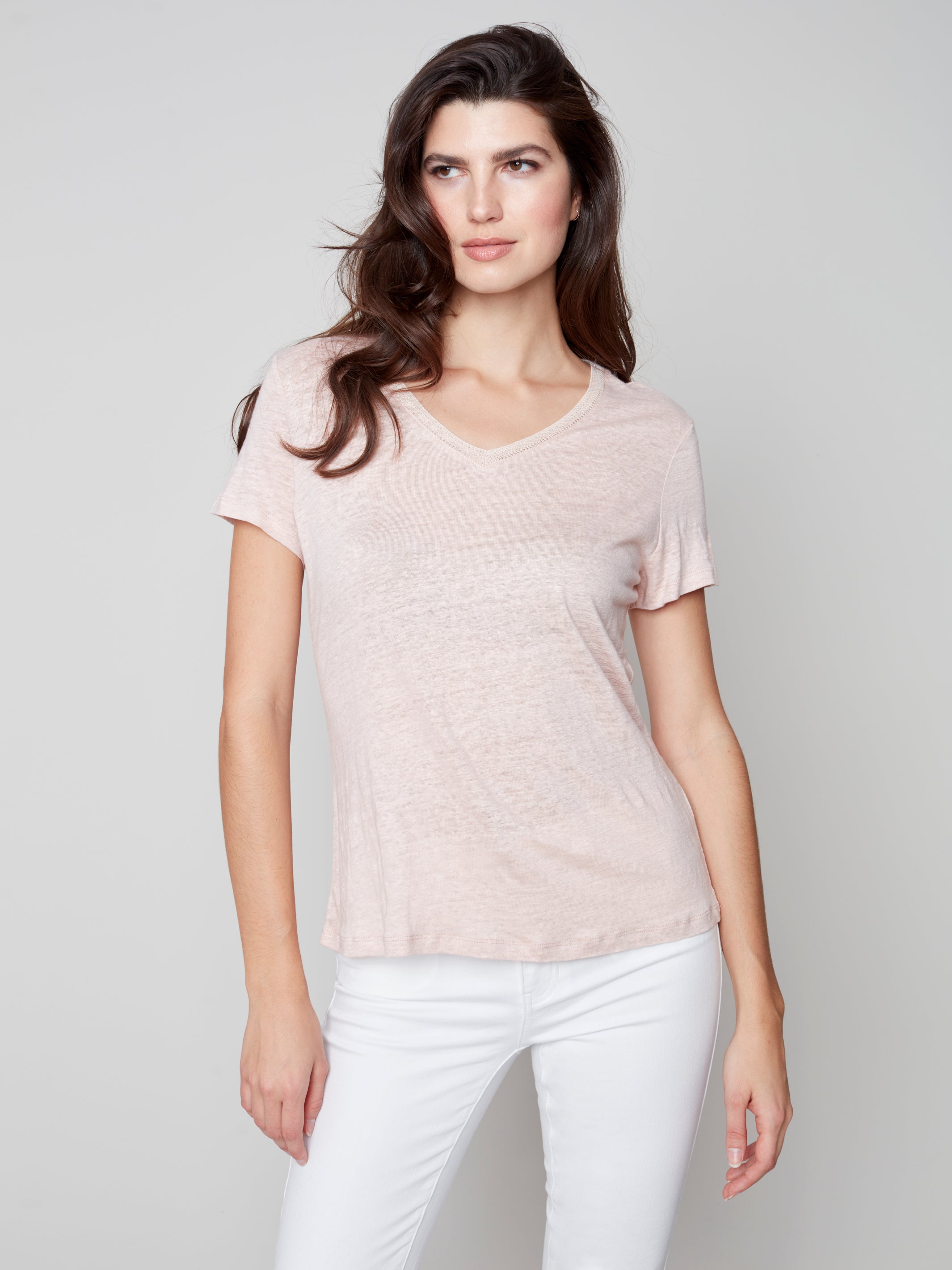 Linen Jersey Vneck Tee Pearl