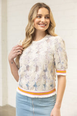 Striped Band Floral Embroidered Lace Top Lavender