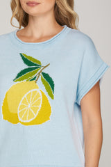 Lemon Knit Drop Sleeve Sweater Top Light Blue