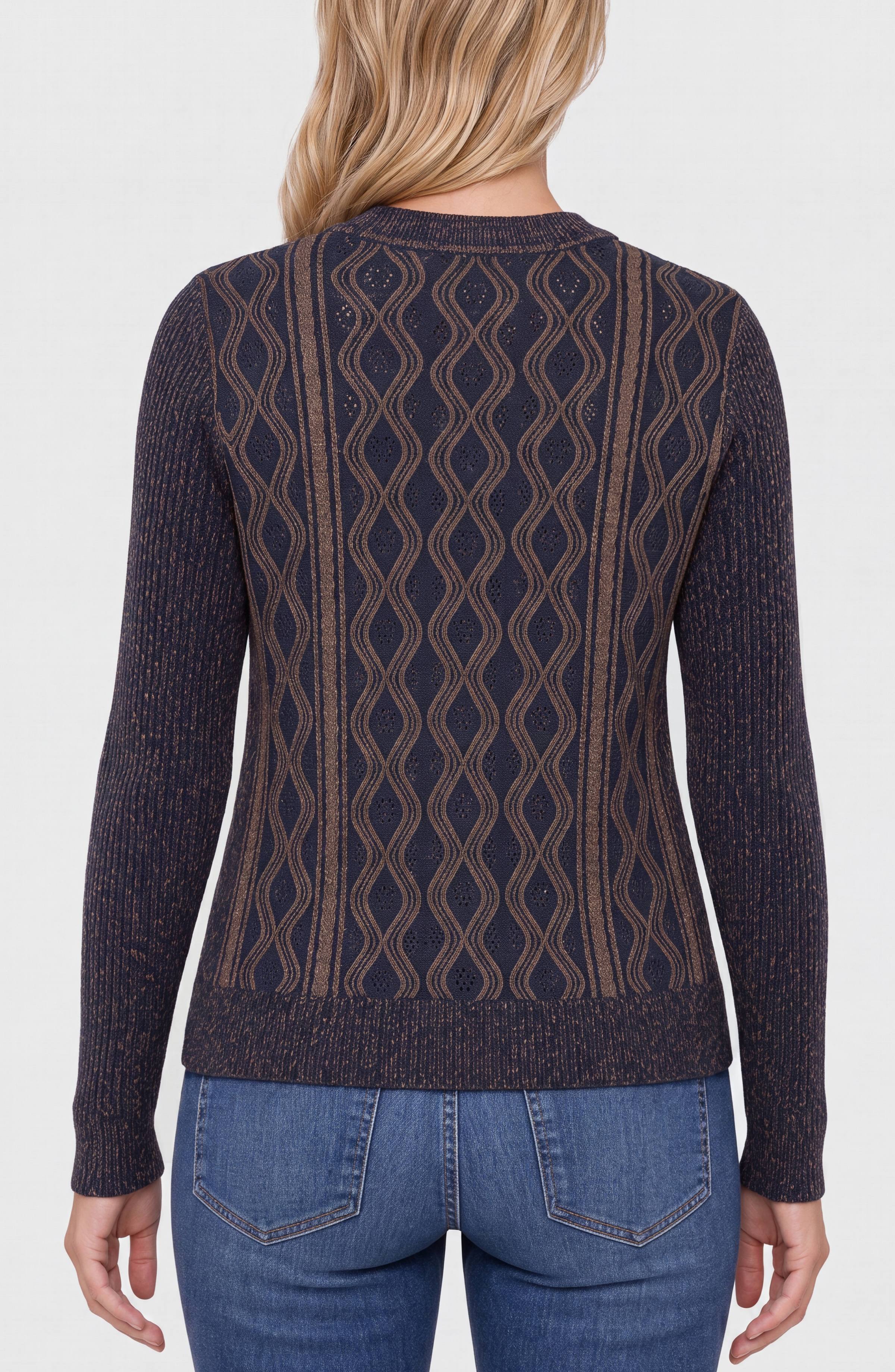 Wave Texture Long Sleeve Crew Neck Sweater Navy + Brown
