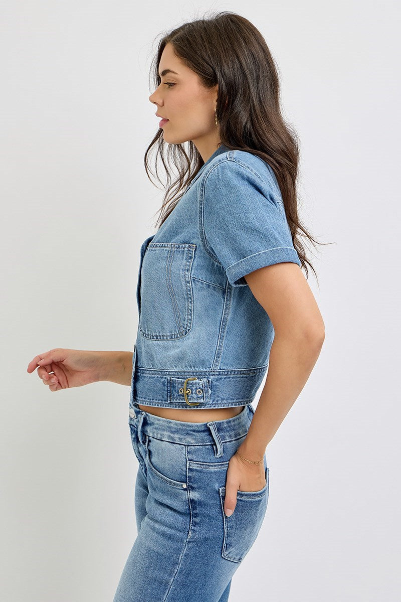 Short Sleeve Buckle Detail Denim Shirt Jacket Medium