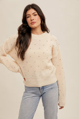 Rhinestone Crew Neck Sweater Ecru