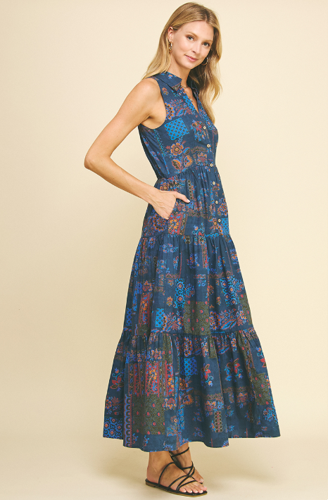 Ethnic Print Tiered Collared Maxi Dress Blue Multi