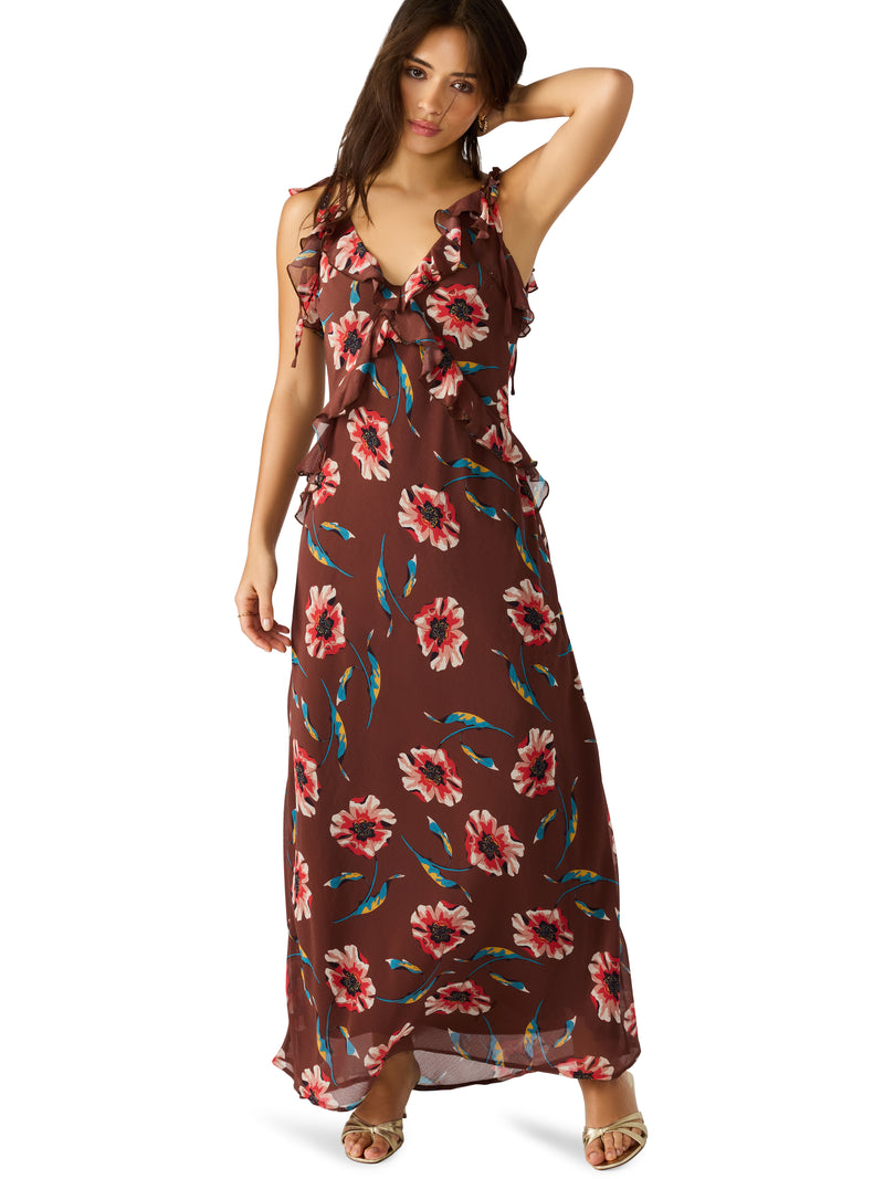 Adaline Ruffle Detail Printed Dress Brown