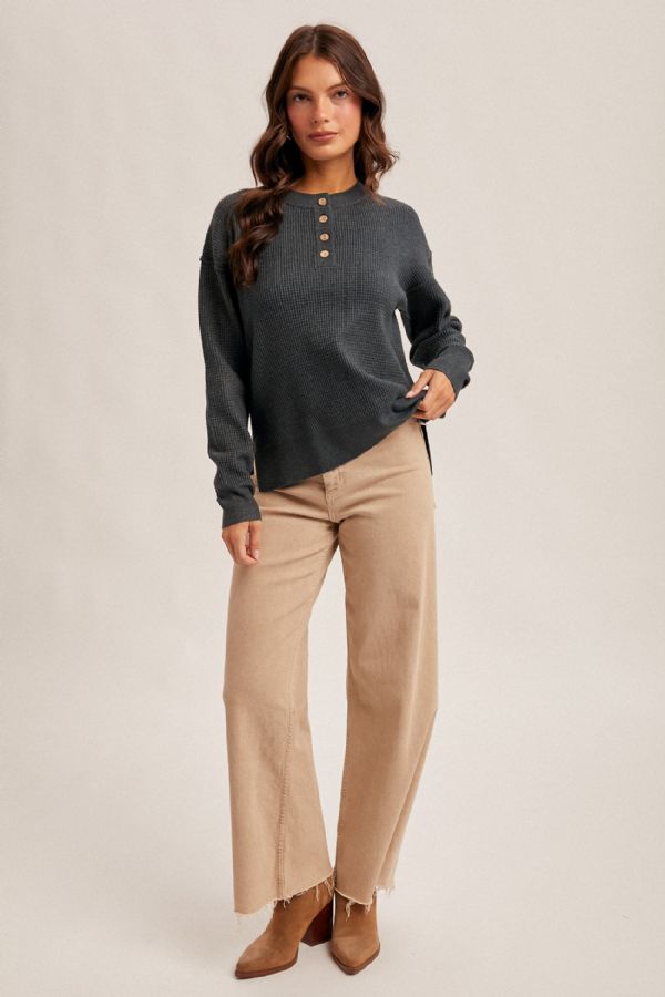 Side Slit Waffle Sweater Button Up Dk. Teal