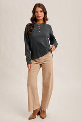 Side Slit Waffle Sweater Button Up Dk. Teal