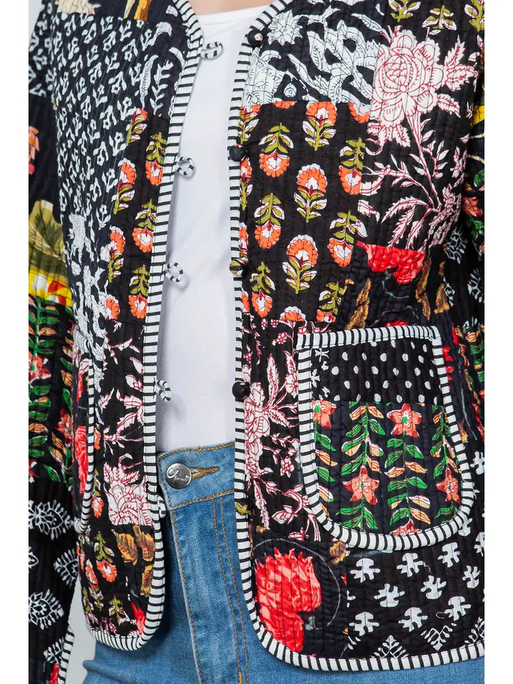 Cora Floral Quilted Patchwork Reversible Jacket Black Combo