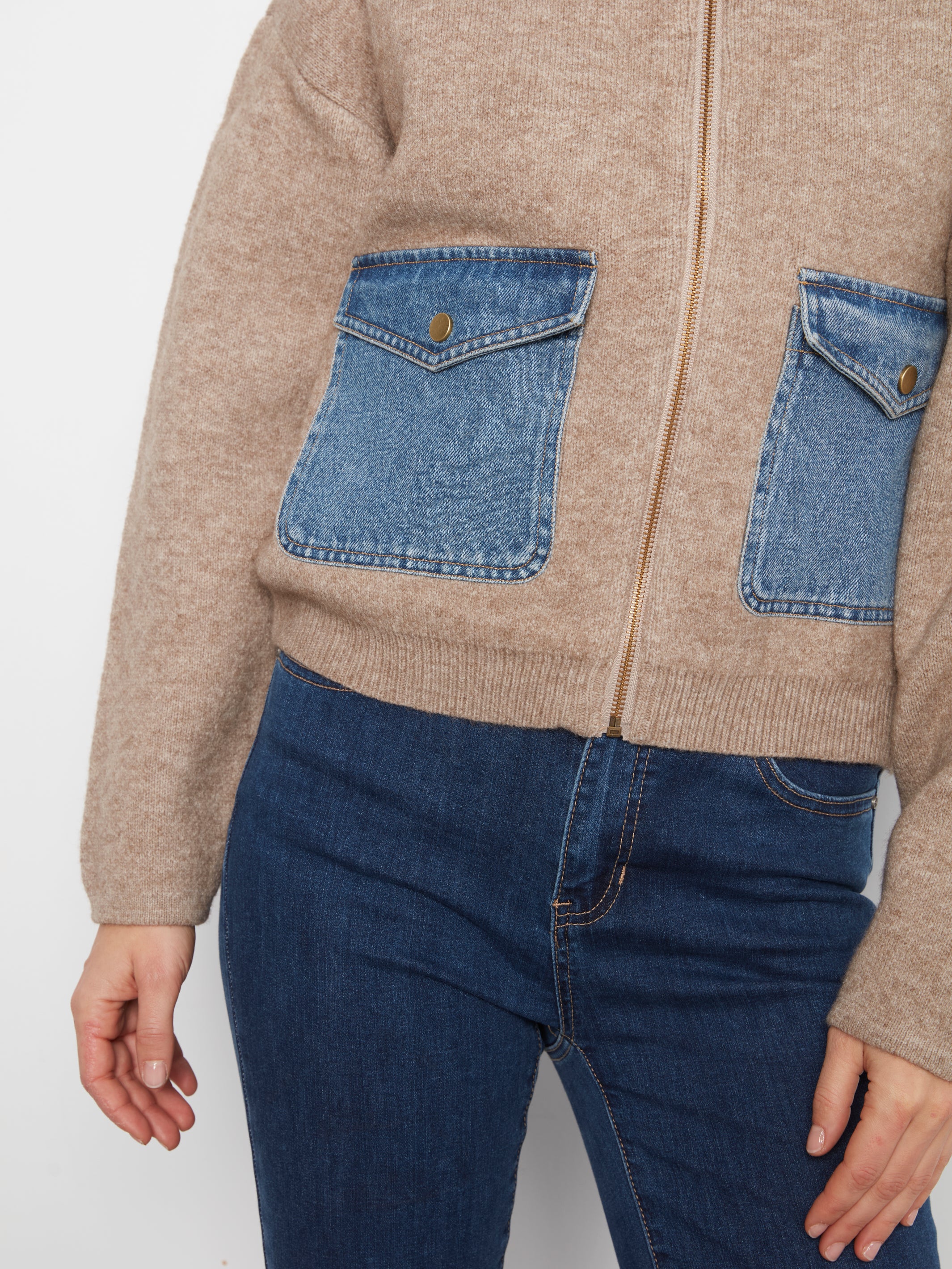 Denim Pocket Zipped Sweater Jacket Heather Sand