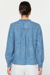 Floral Printed Chambray Ruffle Neck Blouse Floral Chambray