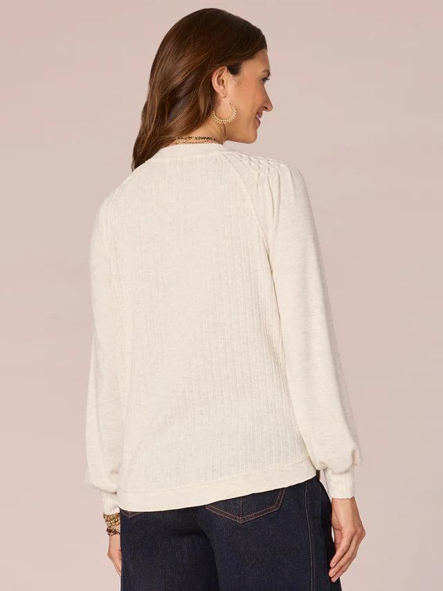 Mandarin Collar Half Placket Mix Media Knit Top Heather Cream