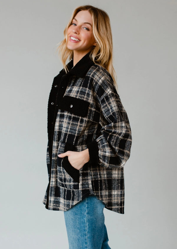 Sherpa Details Plaid Jacket Navy, Tan + Black