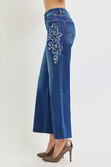 Mid Rise Crop Straight Floral Patch Jeans Dark