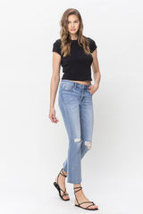 Distressed Raw Hem Mid Rise Kick Flare Jeans Triumph