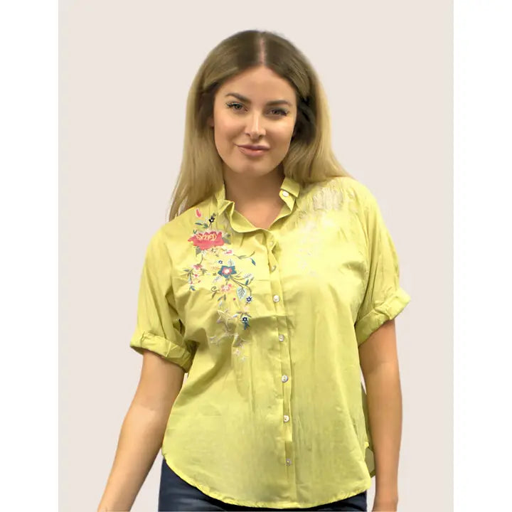 Bobbi Collared Embroidered Shirt Lemon Lime