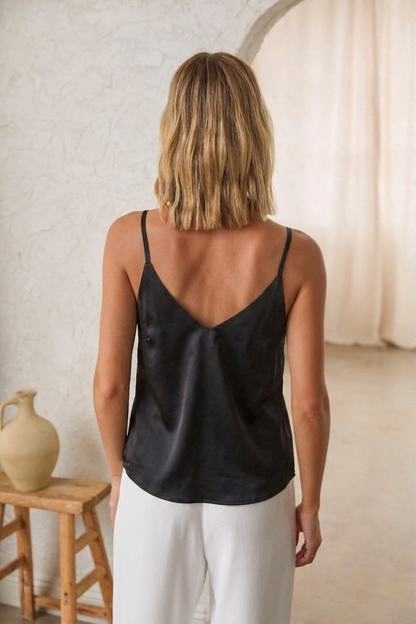 Lace Trim Satin Cami Tank Black