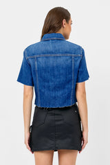 Short Sleeve Cropped Denim Jacket Dark Blue
