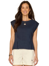 Embroidered Detail Pleated Peplum Top Navy