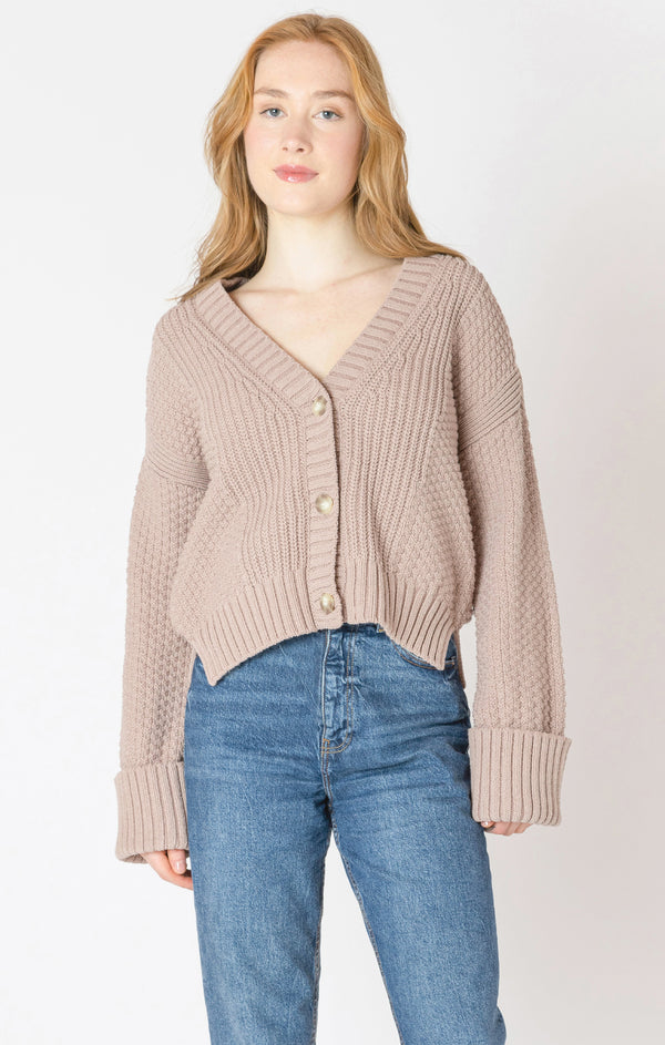 Cuffed Sleeve Textured Sweater Cardi Warm Taupe