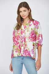 Floral Print Pintuck Detail Split Neck Blouse Cream Multi