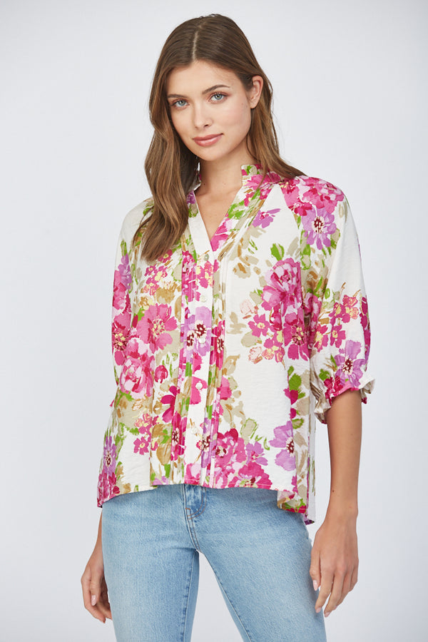 Floral Print Pintuck Detail Split Neck Blouse Cream Multi