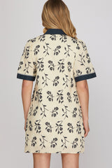 Embroidered Floral Collared Mini Dress Navy