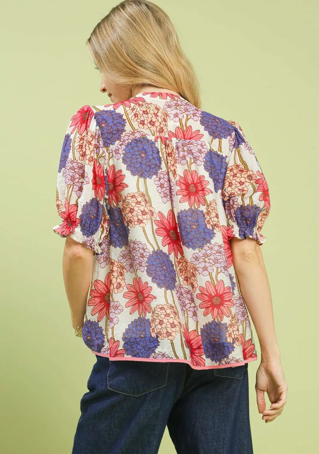 Stemmed Floral Print Puff Sleeve Blouse Pink Mix