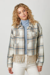 Fringe Hem Buttoned Plaid Jacket Almond + Ivory
