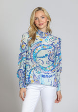 Puff Sleeve Collar Detail 3/4 Button Down Blouse Blue Multi