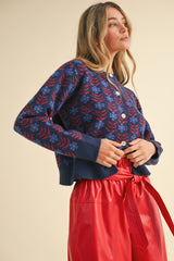 Floral Jacquard Button up Sweater Cardi Navy