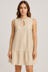 Braided Keyhole Neckline Sleeveless Leather Dress Ecru