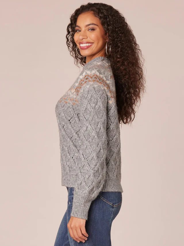 Fair Isle Yoke Pointelle High Neck Sweater Heather Grey + Brown