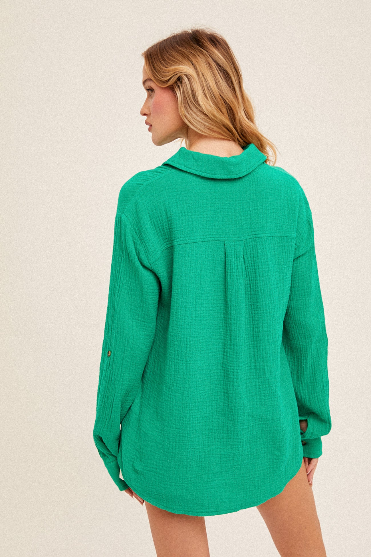 Crinkle Gauze Button Down Tab Sleeve Shirt Kelly Green
