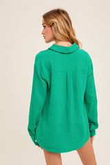 Crinkle Gauze Button Down Tab Sleeve Shirt Kelly Green