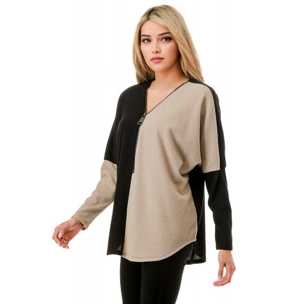 Colorblock Dolman Sleeve Zipper Top Black + Taupe