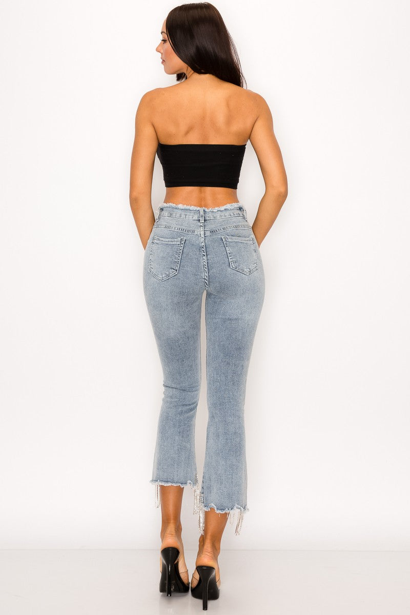 Crystal Fringe Button Fly Denim Pants Denim