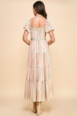 Stripe Tiered Tie Belt Maxi Dress Coral