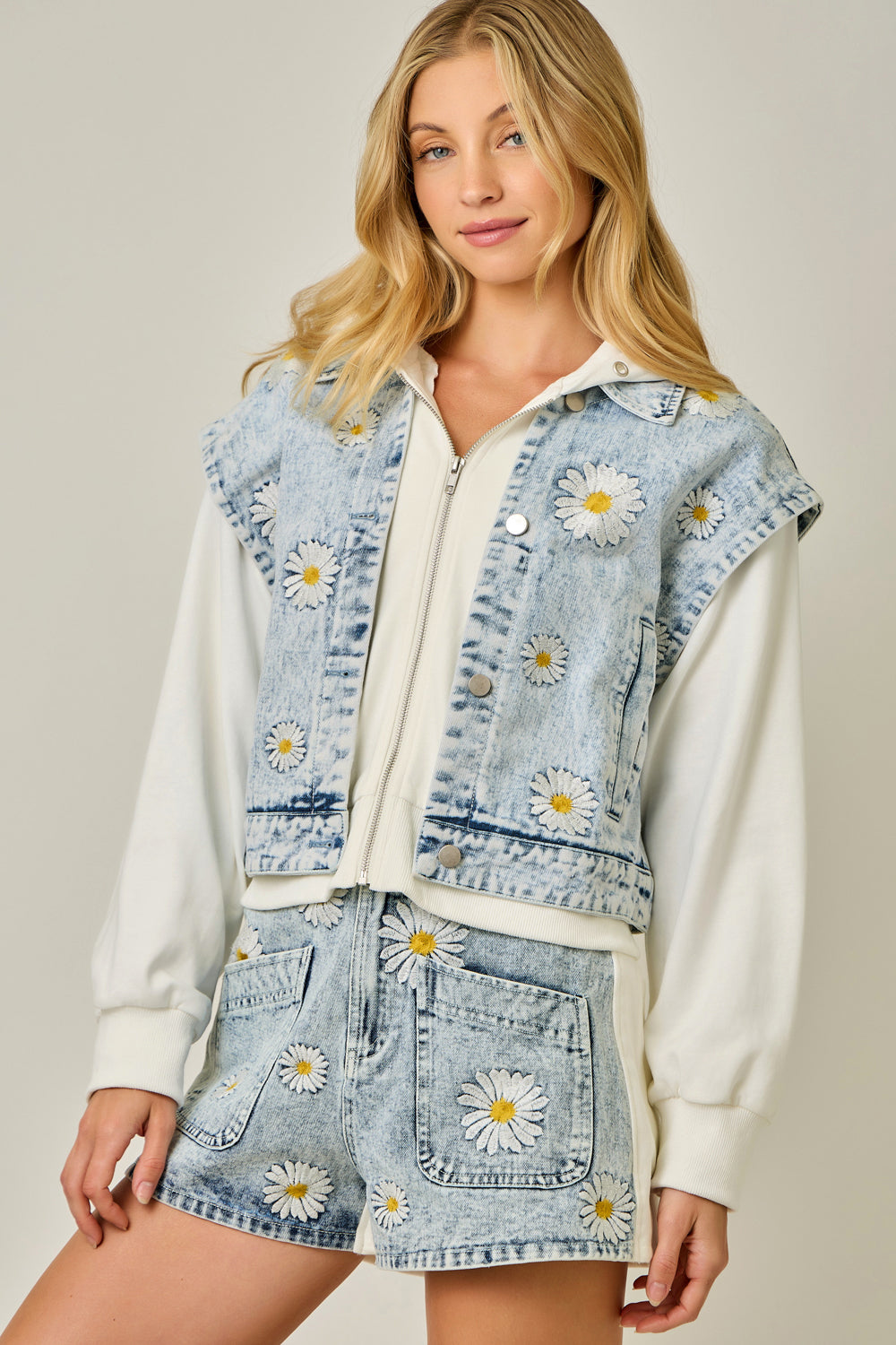 Embroidered Denim TwoFer Hoodie Jacket Washed Light Blue