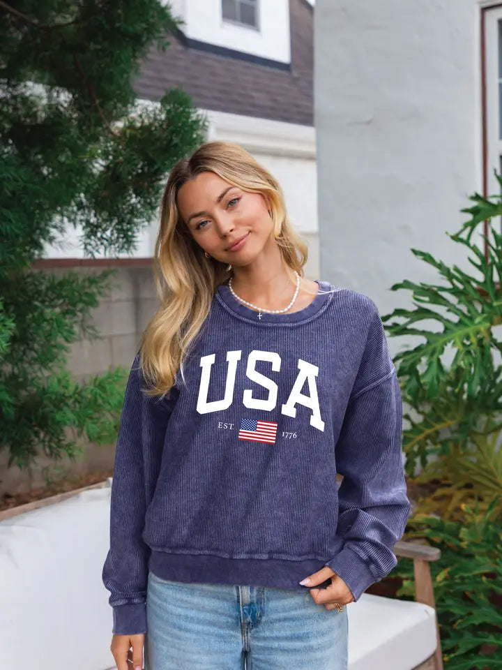 USA Est. 1776 Cropped Thermal Vintage Pullover Washed Denim