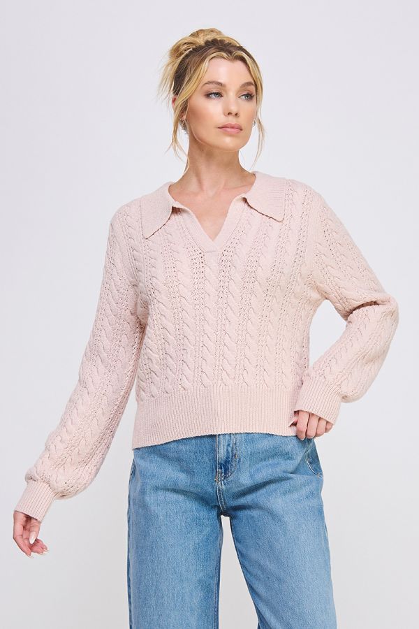 Soft Cable Knit Johnny Collar Pullover Sweater Pale Pink