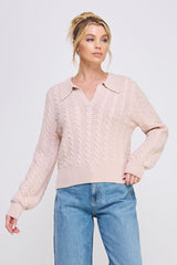 Soft Cable Knit Johnny Collar Pullover Sweater Pale Pink