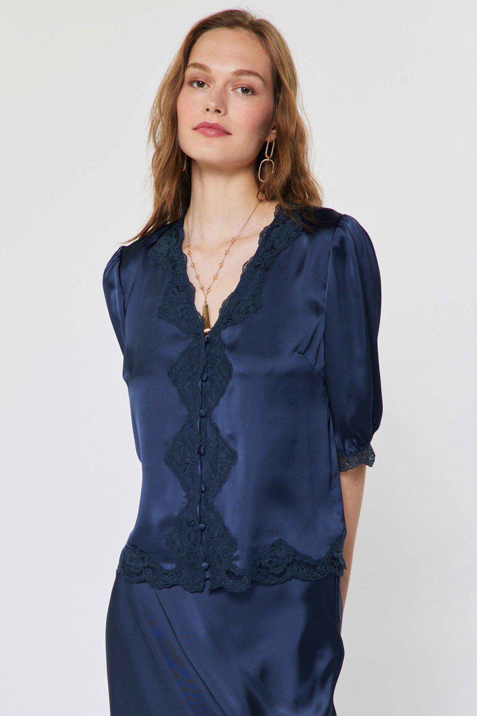 Scalloped Floral Lace Button Closure Blouse Navy