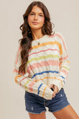 Multi Color Stripe Cable Knit Sweater Top Ivory
