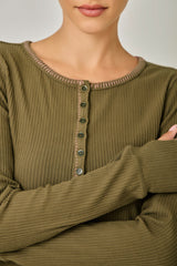 Blanket Stitch Accented Henley Top Olive