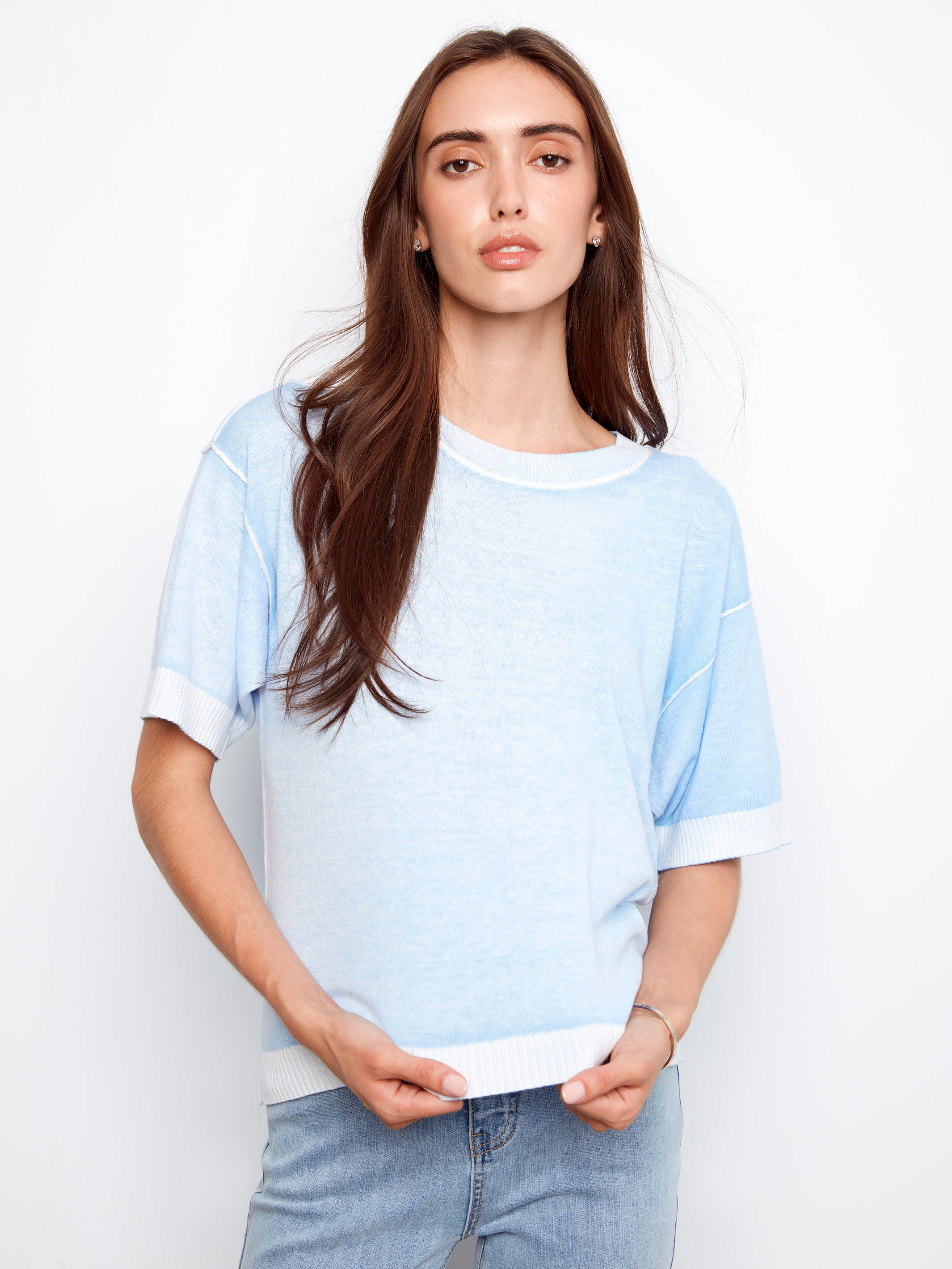 Reverse Print Short Sleeve Sweater Top Bluebell
