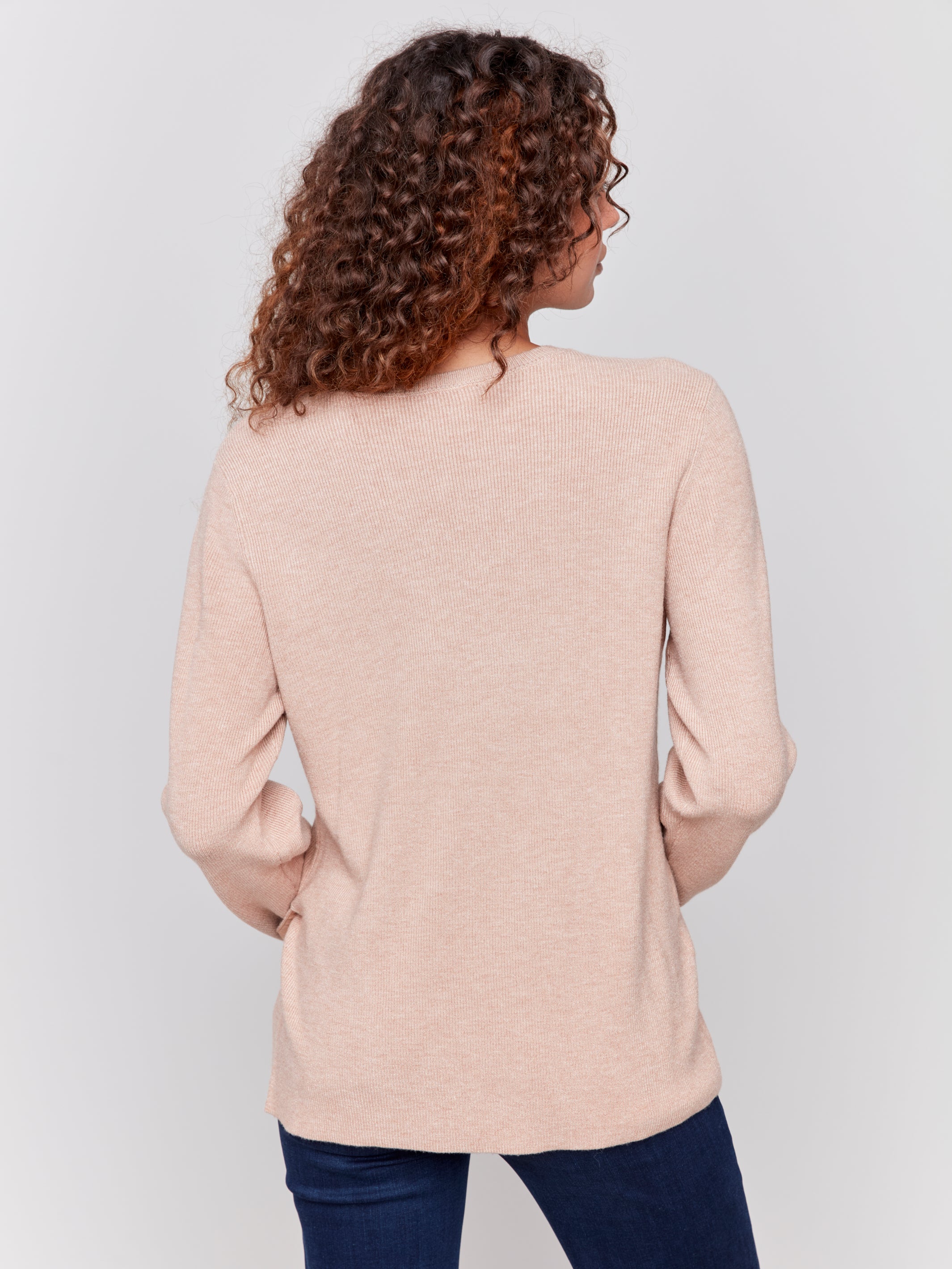 Plushy Knit Vneck Side Placket Grommet Top Heather Truffle