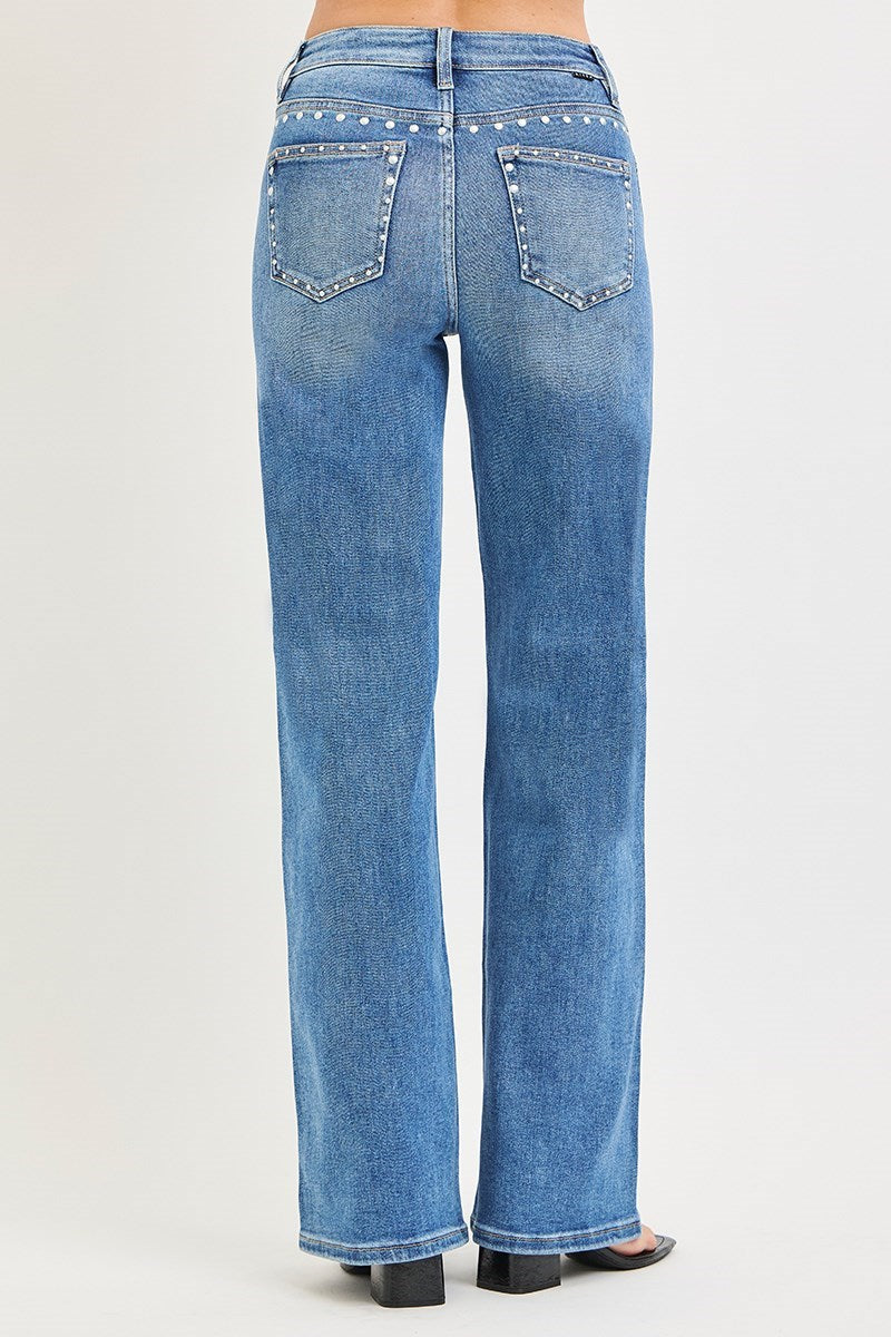 High Rise Wide Leg Studded Jeans Medium