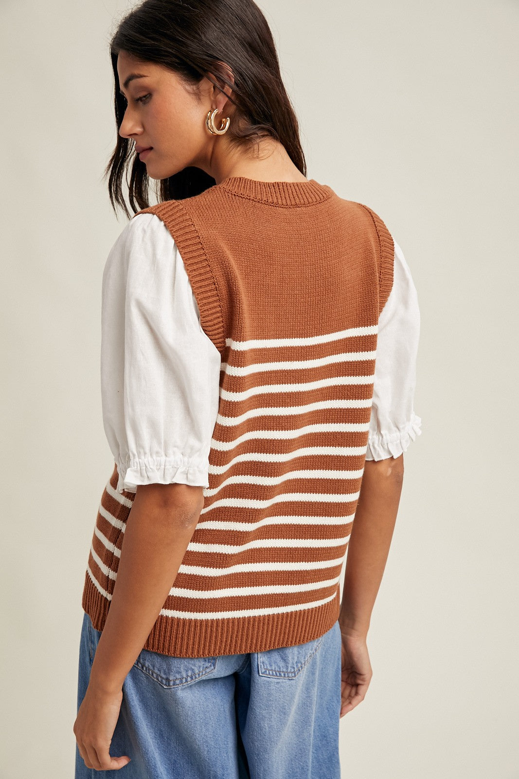 Twofer Puff Sleeve Striped Sweater Top Rust + Off White