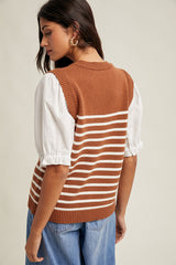 Twofer Puff Sleeve Striped Sweater Top Rust + Off White