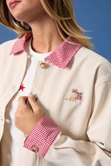 Dog Embroidered Denim Cropped Barn Jacket Ivory